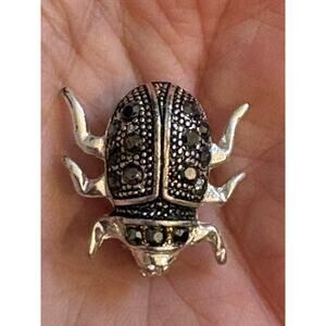 Vintage Beetle Bug Brooch Silver Tone Marcasite Style Figural Pin